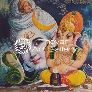 Ganesha linga puja antique Vintage print - Thevar art gallery
